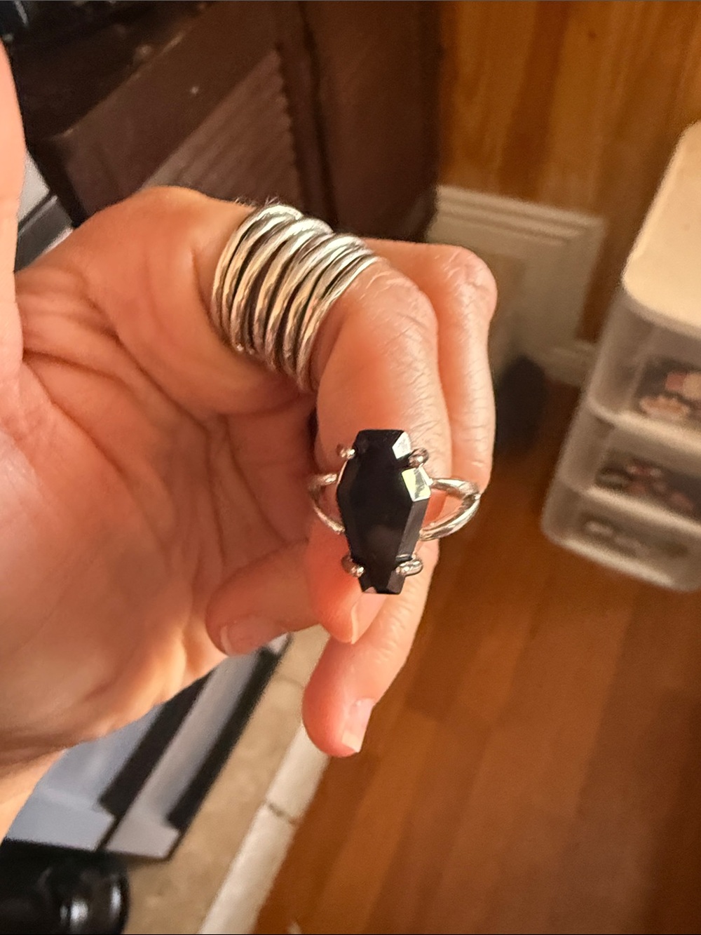 Silver Band Ring with Black Faceted Stone - Women Jewelry